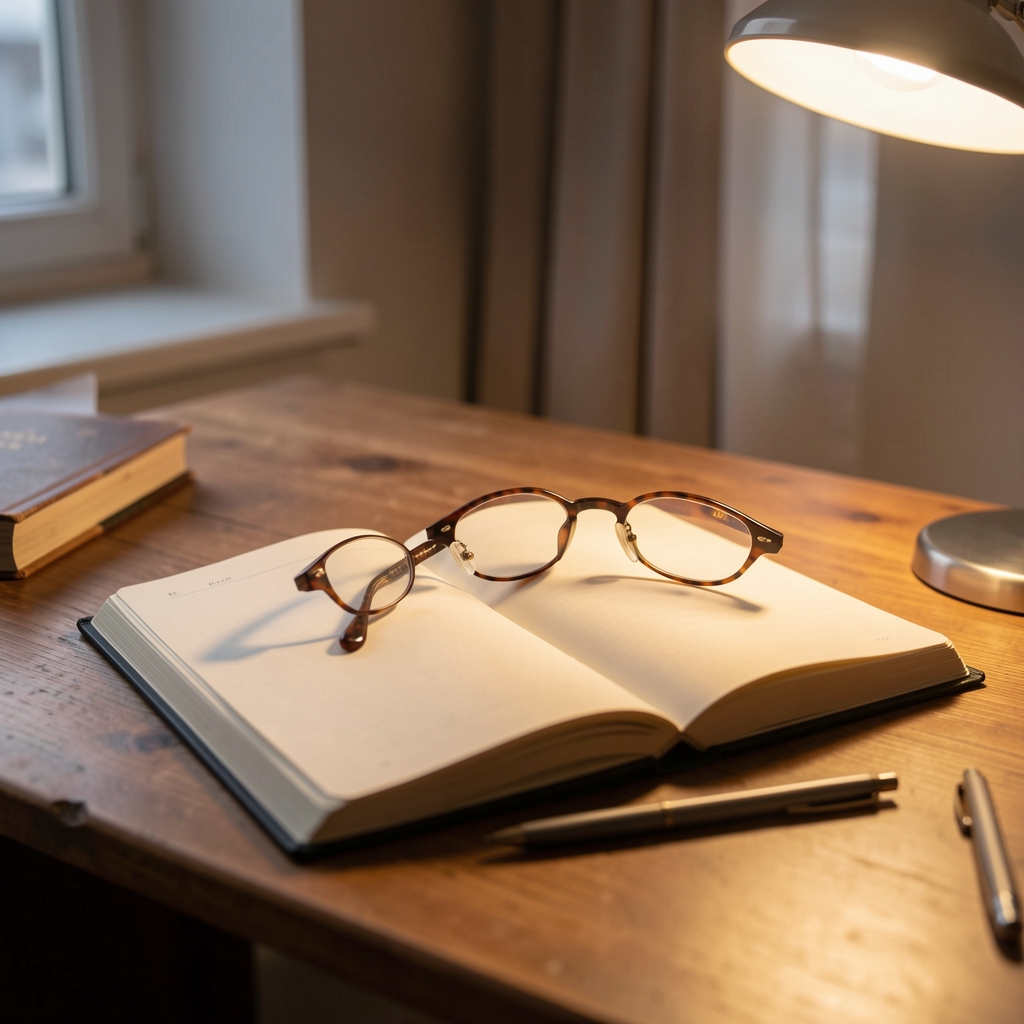 Editorial desk with open notebook, reading glasses and warm evening light — Drenval editorial
