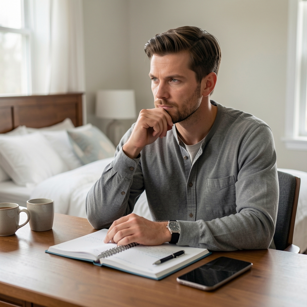 Thoughtful man in his thirties sitting at a bedroom desk with a sleep journal — Drenval editorial