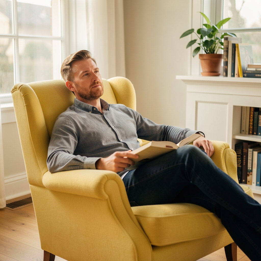 Man resting in a bright reading chair during a quiet afternoon — Drenval editorial