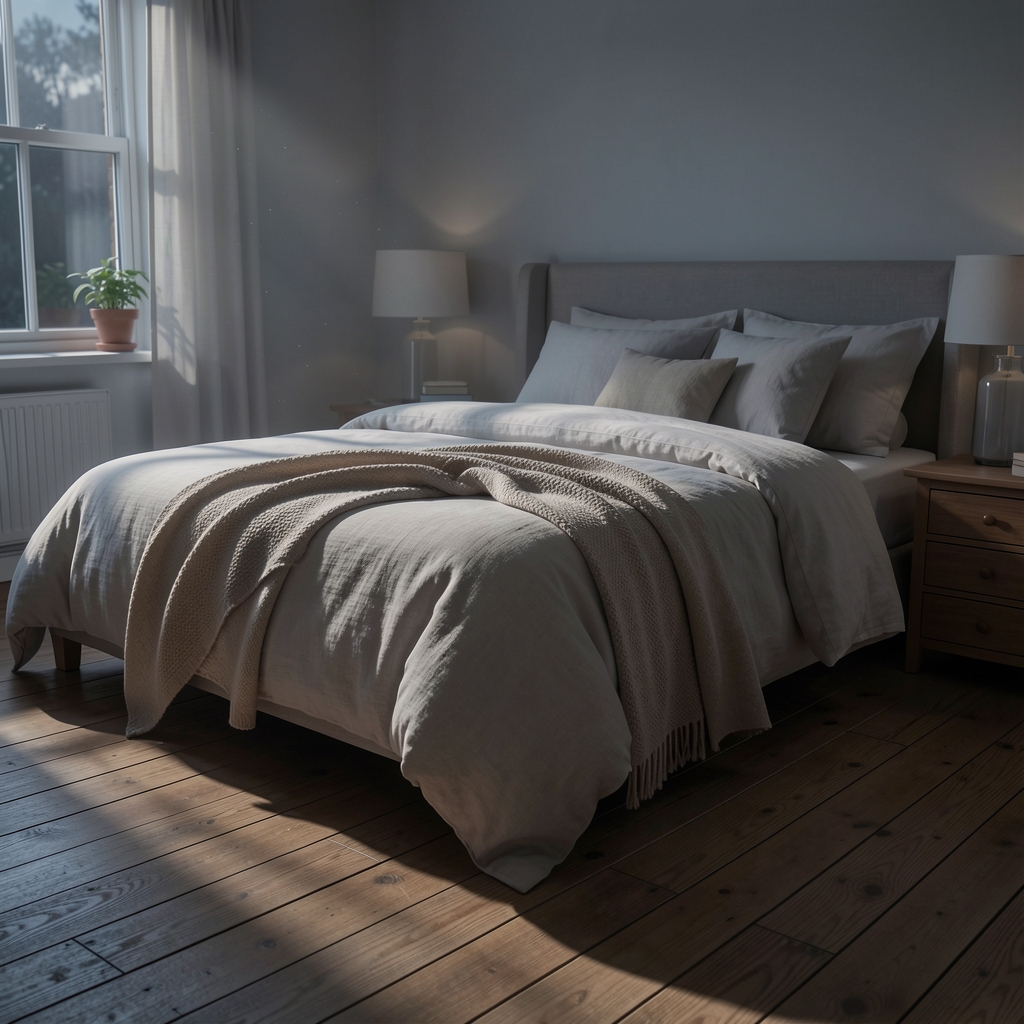Quiet bedroom with folded linen and moonlight across a wooden floor — Drenval editorial