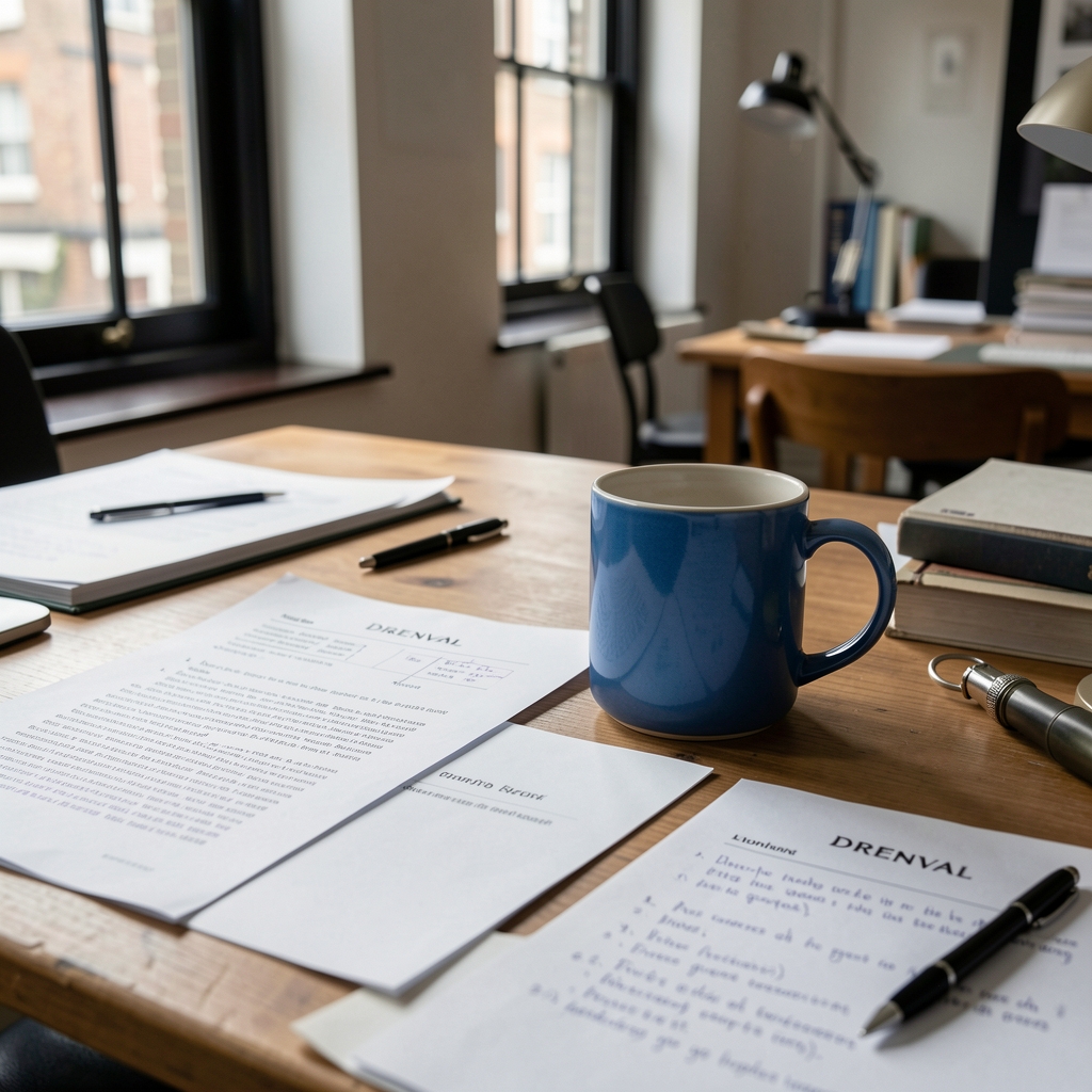 Editorial workspace with printed research notes and a blue ceramic mug in London — Drenval editorial