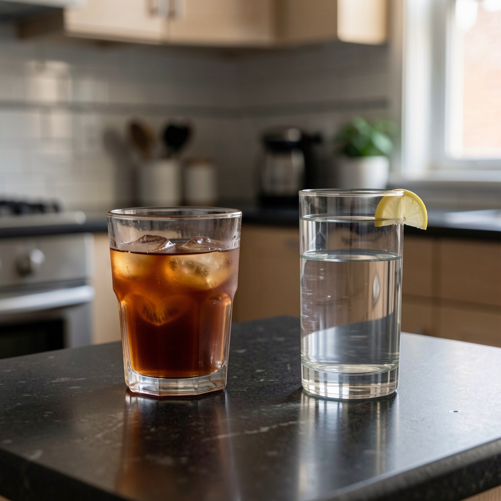 Caffeine-free evening drink and water on a dark kitchen counter — Drenval editorial