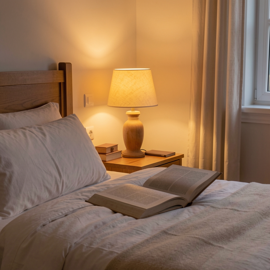 Warm evening reading corner with a paper book and bedside light — Drenval editorial