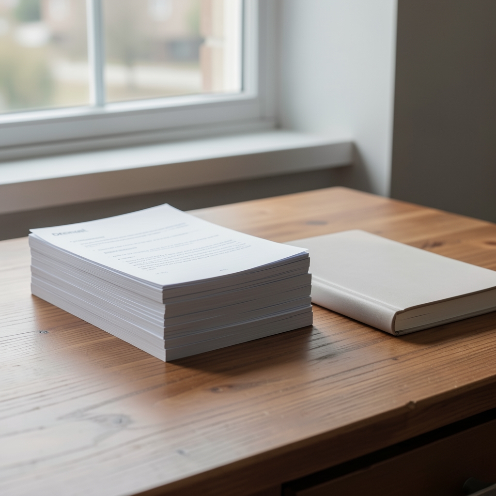 Stack of research notes and a closed notebook on a wooden desk near a window — Drenval editorial