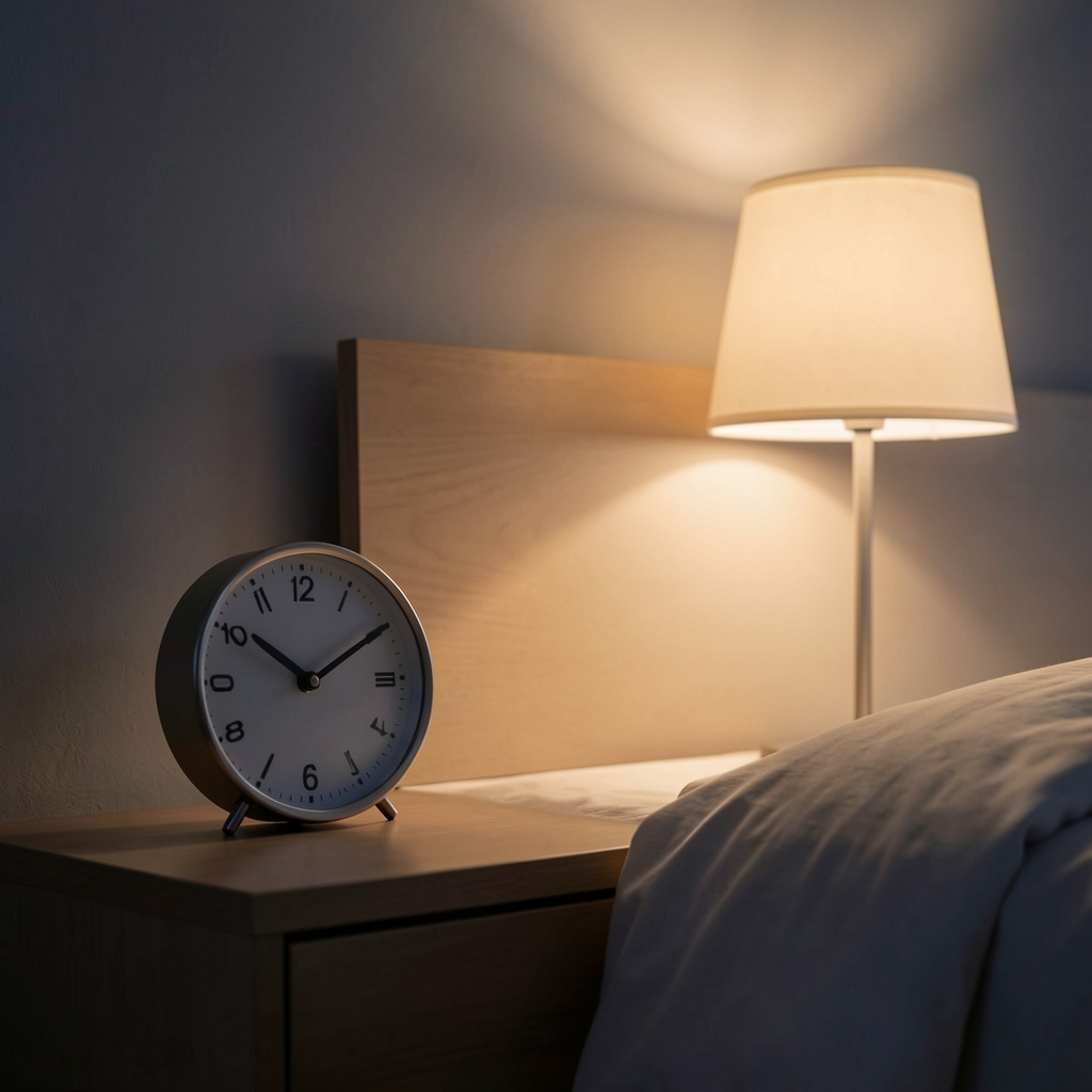Simple bedside clock and dimmed lamp illustrating the passage of a night's sleep — Drenval editorial
